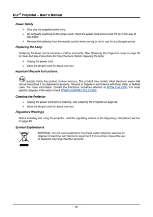 Page 5DLP® Projector – User’s Manual 
Power Safety 
