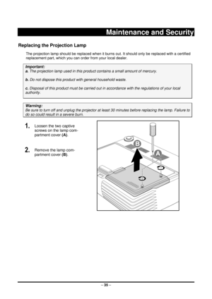 Page 43 – 35  –
 
Maintenance and Security 
Replacing the Projection Lamp 
The projection lamp should be repl aced when it burns out. It should onl y be replaced with a certified 
replacement part, which you can order from your local dealer.  
Important: 
a.  The projection lamp used in this product contains a small amount of mercury. 
b.  Do not dispose this produc t with general household waste. 
c. Disposal of this product must be  carried out in accordance with the regulations of your local  
authority....