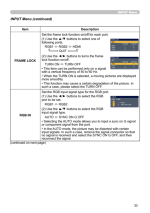 Page 35
33

INPUT Menu
ItemDescription
FRAME LOCK
Set the frame lock function on/off for each port.
(1) Use the ▲/▼ buttons to select one of following ports.
RGB1 ó RGB2 ó HDMI
                QUIT
(2) Use the ◄/► buttons to turns the frame lock function on/off .
TURN ON ó TURN OFF
• This item can be performed only on a signal  with a vertical frequency of 50 to 60 Hz.
• When the TURN ON is selected, a moving pictures are displayed more smoothly.
• This function may cause a certain degradation of the picture....