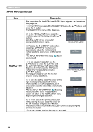 Page 36
34

INPUT Menu
INPUT Menu (continued)
ItemDescription
RESOLUTION
The resolution for the RGB1 and RGB2 input signals can be set on this projector.
(1) In the INPUT menu select the RESOLUTION using the ▲/▼ buttons and press the ► button.The RESOLUTION menu will be displayed.
(2)  In the RESOLUTION menu select the resolution you wish to display using the ▲/▼ buttons. Selecting AUTO will set a resolution appropriate to the input signal.
(3) Pressing the ► or ENTER button when selecting a STANDARD resolution...