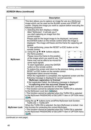 Page 42
40

SCREEN Menu
ItemDescription
MyScreen
This item allows you to capture an image for use as a MyScreen image which can be used as the BLANK screen and START UP screen. Display the image you want to capture before executing the following procedure.
1.  Selecting this item displays a dialog 
titled “MyScreen”. It will ask you if you start capturing an image from the current screen.Please wait for the target image to be displayed, and press the ENTER button on the remote control when the image is...