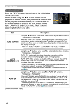 Page 44
42

OPTION Menu
OPTION Menu
From the OPTION menu, items shown in the table below 
can be performed.
Select an item using the ▲/▼ cursor buttons on the 
projector or remote control, and press the ► cursor button 
on the projector or remote control, or ENTER button on 
the remote control to execute the item, except for the 
items LAMP TIME and FILTER TIME. Then perform it 
according to the following table.
ItemDescription
AUTO SEARCH
Using the ▲/▼ buttons turns on/off the automatic signal search...