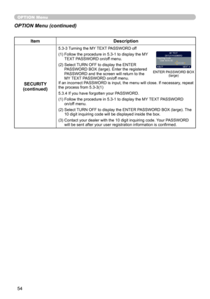 Page 56
54

OPTION Menu
ItemDescription
SECURITY(continued)
5.3-3  
Turning the MY TEXT PASSWORD off
(1)   Follow the procedure in 5.3-1 to display the MY 
TEXT PASSWORD on/off menu.
(2)   Select TURN OFF to display the ENTER 
PASSWORD BOX (large). Enter the registered PASSWORD and the screen will return to the MY TEXT PASSWORD on/off menu. If an incorrect PASSWORD is input, the menu will close. If necessary, repeat the process from 5.3-3(1)
5.3.4 If you have forgotten your PASSWORD.
(1)  Follow the procedure...