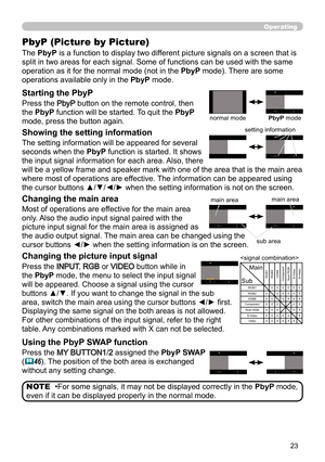 Page 2523
Operating
Main
SubRGB1
RGB2HDMIComponent Scart RGB S-Video
S-VideoRGB1 000000
RGB2 000000
HDMI 00 0X XX
Component000 00Scart RGB00X XXS-Video00X 0X XVideo00X 0X X
PbyP (Picture by Picture)
The PbyP is a function to display two different picture signals on a screen that is 
split in two areas for each signal. Some of functions can be used with t\
he same 
operation as it for the normal mode (not in the  PbyP mode). There are some 
operations available only in the  PbyP mode.
The setting information...