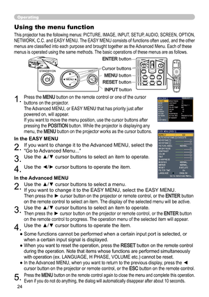 Page 2624
Operating
BLANKLASER
ASPECT
PUSH  ENTER PAGE UP
LASER
INDICATORMY SOURCE/
DOC.CAMERASEARCH
STANDBY/ON
VIDEORGB
PAGE DOWNESCMENU RESET
POSITION AUTOPbyPMAGNIFYON
OFFMY BUTTON1
2VOLUME+
-FREEZE KEYSTONE MUTE
BLANK LASER
ASPECT
PUSH  ENTER
 PAGE UP
LASER
INDICATOR
MY SOURCE/
DOC.CAMERA
SEARCH
STANDBY/ON
VIDEORGB
PAGE DOWN
ESCMENU RESET
POSITION AUTOPbyP
MAGNIFYON
OFFMY BUTTON1
2VOLUME+
-
FREEZE KEYSTONE MUTE1.Press the MENU button on the remote control or one of the cursor 
buttons on the projector. 
The...