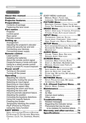 Page 42
Contents
Contents 
About this manual  . . . . . . . . . . .1
Contents   .  .  .  .  .  .  .  .  .  .  .  .  .  .  .  .  .  .2
Projector features   . . . . . . . . . . .3
Preparations   . . . . . . . . . . . . . . . 3
Contents of package  .............3
Fastening the lens cover  ..........3
Part names   .  .  .  .  .  .  .  .  .  .  .  .  .  .  .  .4
Projector  . . . . . . . . . . . . . . . . . . . . . . 4
Control panel  ................... 5
Rear panel  . . . . . . . . . . . . . . . . . . . . 5
Remote...