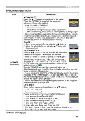 Page 4947
OPTION Menu
OPTION Menu (continued)
ItemDescription
SERVICE
(continued) AUTO ADJUST
Using the ▲/▼ buttons to select one of the mode. 
When the DISABLE is selected, the automatic 
adjustment feature is disabled.
FINE  ó FAST 
ó DISABLE
      
FINE: Finer tuning including H.SIZE adjustment.
FAST:  Faster tuning, setting H.SIZE to prearranged data for the input signal.
• Depending on conditions, such as input image, signal cable to the projector, 
environment around the projector, etc., the automatic...