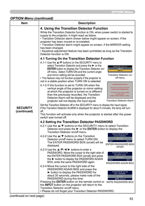 Page 5553
OPTION Menu
OPTION Menu (continued)
ItemDescription
SECURITY
(continued)
4. Using the Transition Detector Function
While the Transition Detector function is ON, when power switch is started to 
supply to the projector, it might react as below.
• Transition Detector alarm shown below might appear on screen, if the 
projector has been moved or re-installed.
• Transition Detector alarm might appear on screen, if the MIRROR setting 
has been changed.
• Keystone adjustment feature has been prohibited as...