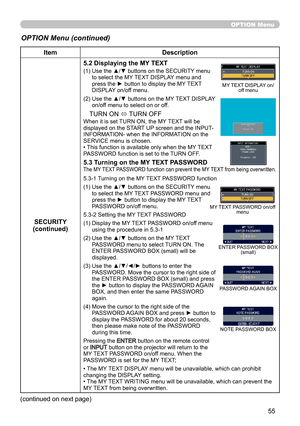 Page 5755
OPTION Menu
OPTION Menu (continued)
ItemDescription
SECURITY
(continued) 5.2 Displaying the MY TEXT
(1)  
Use the ▲/▼ buttons on the SECURITY menu 
to select the MY TEXT DISPLAY menu and 
press the ► button to display the MY TEXT 
DISPLAY on/off menu.
(2)   Use the ▲/▼ buttons on the MY TEXT DISPLAY 
on/off menu to select on or off.
TURN ON 
ó TURN OFF
When it is set TURN ON, the MY TEXT will be 
displayed on the START UP screen and the INPUT-
INFORMATION- when the INFORMATION on the 
SERVICE menu is...