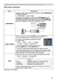 Page 3533
INPUT Menu
INPUT Menu (continued)
ItemDescription
COMPONENT Using the ▲/▼ buttons switches the function of the 
COMPONENT
 (Y, CB/PB, Cr/Pr) port.
COMPONENT  ó SCART RGB
When the SCART RGB is selected, the 
COMPONENT  (Y, CB/PB, Cr/Pr) and VIDEO ports will function as a SCART RGB port. 
A SCART adapter or SCART cable is required for a SCART RGB 
input to the projector. For details, contact your dealer.
VIDEO FORMAT Set the video format for the 
S-VIDEO port and VIDEO port.
(1) Use the ◄/► buttons to...