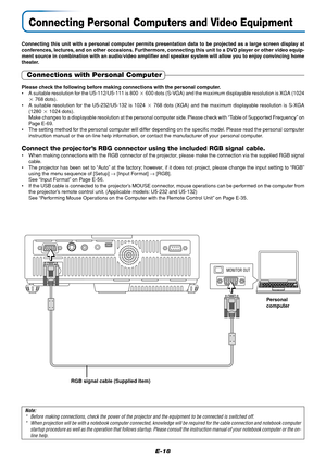 Page 19E-18
Connecting Personal Computers and Video Equipment
Connecting this unit with a personal computer permits presentation data to be projected as a large screen display at
conferences, lectures, and on other occasions. Furthermore, connecting this unit to a DVD player or other video equip-
ment source in combination with an audio/video amplifier and speaker system will allow you to enjoy convincing home
theater.
Connections with Personal Computer
Please check the following before making connections with...