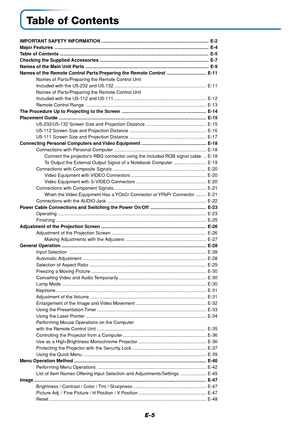 Page 6E-5
Table of Contents
IMPORTANT SAFETY INFORMATION ................................................................................... E-2
Major Features ....................................................................................................................... E-4
Table of Contents ................................................................................................................... E-5
Checking the Supplied Accessories...