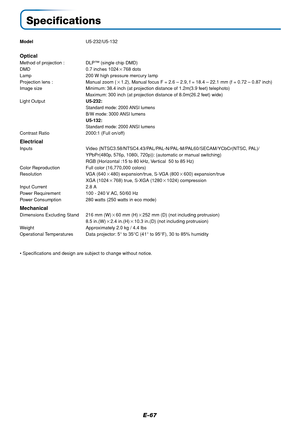 Page 68E-67
Specifications
ModelU5-232/U5-132
Optical
Method of projection : DLP™ (single chip DMD)
DMD 0.7 inches 1024768 dots
Lamp 200 W high pressure mercury lamp
Projection lens : Manual zoom (1.2), Manual focus F = 2.6 – 2.9, f = 18.4 – 22.1 mm (f = 0.72 – 0.87 inch)
Image size Minimum: 38.4 inch (at projection distance of 1.2m(3.9 feet) telephoto)
Maximum: 300 inch (at projection distance of 8.0m(26.2 feet) wide)
Light OutputU5-232:
Standard mode: 2000 ANSI lumens
B/W mode: 3000 ANSI lumens
U5-132:...