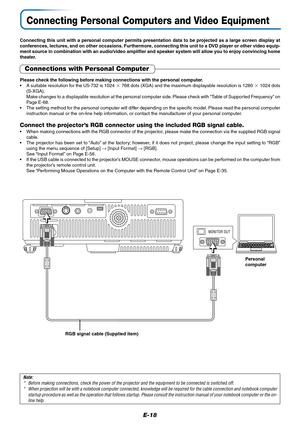 Page 18E-18
Connecting Personal Computers and Video Equipment
Connecting this unit with a personal computer permits presentation data to be projected as a large screen display at
conferences, lectures, and on other occasions. Furthermore, connecting this unit to a DVD player or other video equip-
ment source in combination with an audio/video amplifier and speaker system will allow you to enjoy convincing home
theater.
Connections with Personal Computer
Please check the following before making connections with...