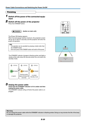 Page 25E-25
Power Cable Connections and Switching the Power On/Off
Finishing
1Switch off the power of the connected equip-
ment
2Switch off the power of the projector
Press the STANDBY button.
The [Power Off] display appears.
When the level gauge reaches maximum, the projection screen
will go off (in about 5 seconds) and the projector will enter the
power-off operation.
Note
* The operation can be cancelled by pressing a button other than
the STANDBY button.
* One more press of the STANDBY button will switch...