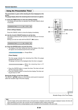 Page 33E-33
General Operation
Using the Presentation Timer
Note:
* The timer display will be closed while the menu or the quick menu is displayed, and while a message is displayed; however, the timer will
still be operating at such times. Also, the timer will not be displayed unless a signal is being input.
* While the presentation timer is being displayed, screen movement will not be possible in the zoom mode.
The presentation is given while checking the timer displayed on the
screen.
The gauge display allows...