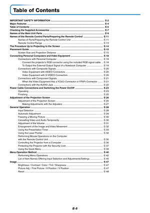 Page 5E-5
Table of Contents
IMPORTANT SAFETY INFORMATION ................................................................................... E-2
Major Features ....................................................................................................................... E-4
Table of Contents ................................................................................................................... E-5
Checking the Supplied Accessories...