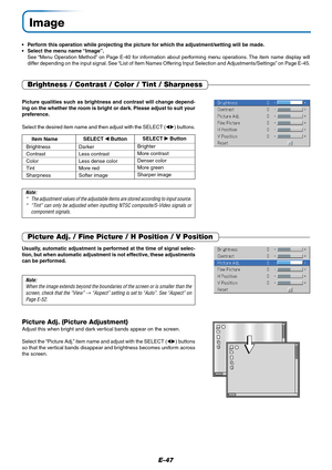 Page 47E-47
Image
•Perform this operation while projecting the picture for which the adjustment/setting will be made.
•Select the menu name “Image”.
See “Menu Operation Method” on Page E-40 for information about performing menu operations. The item name display will
differ depending on the input signal. See “List of Item Names Offering Input Selection and Adjustments/Settings” on Page E-45.
Brightness / Contrast / Color / Tint / Sharpness
Picture qualities such as brightness and contrast will change depend-
ing...