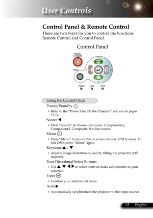Page 20
16English 17 English16English 17 English17 English
 User Controls
Control Panel
 Control Panel & Remote Control
There are two ways for you to control the functions: 
Remote Control and Control Panel.
 Using the Control Panel
  Power/Standby  
Refer to the “Power On/Off the Projector” section on pages 13-14.
 Source  
Press “Source” to choose Computer, Component-p, Component-i, Composite, S-video source.
 Menu 
Press “Menu” to launch the on screen display (OSD) menu. To exit OSD, press “Menu” again....