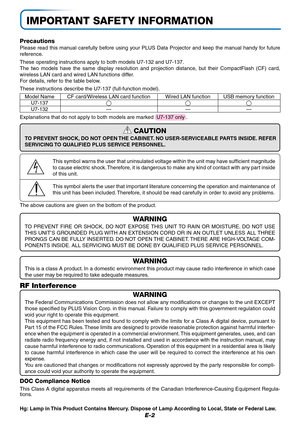 Page 2E-2
IMPORTANT SAFETY INFORMATION
Precautions
Please read this manual carefully before using your PLUS Data Projector and keep the manual handy for future
reference.
These operating instructions apply to both models U7-132 and U7-137.
The two models have the same display resolution and projection distance, but their CompactFlash (CF) card,
wireless LAN card and wired LAN functions differ.
For details, refer to the table below.
These instructions describe the U7-137 (full-function model).
Model Name CF...