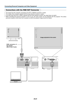 Page 21E-21
Connecting Personal Computers and Video Equipment
Connections with the RGB OUT Connector
• The image from the computer connected to the DVI or RGB IN connector is output.
• The image of the connector selected with the input selection function is output.
• If an input other than DVI or RGB is selected with the input selection function, the output does not switch.
• While controlling the personal computer in front of you, the same screen can be projected with the projector. This allows
personal...