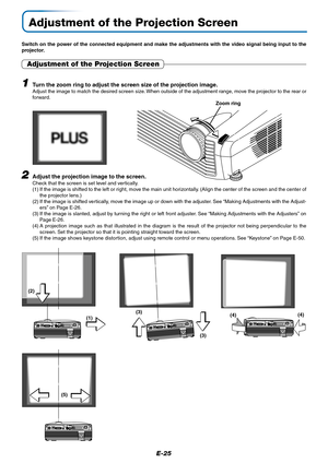 Page 25E-25
Adjustment of the Projection Screen
Switch on the power of the connected equipment and make the adjustments with the video signal being input to the
projector.
Adjustment of the Projection Screen
2Adjust the projection image to the screen.Check that the screen is set level and vertically.
(1) If the image is shifted to the left or right, move the main unit horizontally. (Align the center of the screen and the center of
the projector lens.)
(2) If the image is shifted vertically, move the image up or...