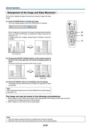 Page 29E-29
General Operation
Enlargement of the Image and Video Movement
This function digitally enlarges the personal computer image and video
image.
(1) Press the ZOOM button to enlarge the image.
The zoom display appears when the ZOOM button is pressed.
When the  button is pressed, the image is enlarged approximately 2
times, and when the  button is pressed the image is reduced (re-
turning to 1:1).
• Images input from a Digital, Image Viewer or Network cannot be
enlarged.
(No enlargement) (Approximately...