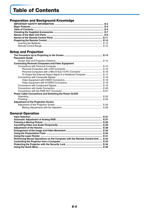 Page 5E-5
Table of Contents
Preparation and Background Knowledge
IMPORTANT SAFETY INFORMATION ............................................................................ E-2
Major Features .................................................................................................................E-4
Table of Contents ............................................................................................................. E-5
Checking the Supplied Accessories...