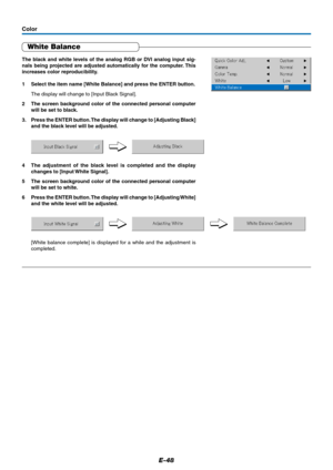Page 48E-48
White Balance
The black and white levels of the analog RGB or DVI analog input sig-
nals being projected are adjusted automatically for the computer. This
increases color reproducibility.
1 Select the item name [White Balance] and press the ENTER button.
The display will change to [Input Black Signal].
2 The screen background color of the connected personal computer
will be set to black.
3. Press the ENTER button. The display will change to [Adjusting Black]
and the black level will be adjusted.
4...