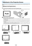 Page 25E-25
Adjustment of the Projection Screen
Switch on the power of the connected equipment and make the adjustments with the video signal being input to the
projector.
Adjustment of the Projection Screen
2Adjust the projection image to the screen.Check that the screen is set level and vertically.
(1) If the image is shifted to the left or right, move the main unit horizontally. (Align the center of the screen and the center of
the projector lens.)
(2) If the image is shifted vertically, move the image up or...