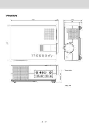 Page 32E Ð 32
Dimensions
PLUS
STANDBY
STANDBYMENUSELECTENTER ADJUST
PC CONTROLVIDEO IN
S-VIDEO VIDEO L/
MONO · AUDIO · R
AUDIO IN AUDIO OUTRGB IN RGB OUT
units : mm
310 14 (122)
98 17
approx. 85.5 235
(Lens senter) 