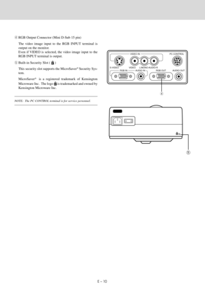 Page 104RGB Output Connector (Mini D-Sub 15 pin)
The video image input to the RGB INPUT terminal is
output on the monitor .
Ev en if  VIDEO is selected , the video ima ge input to the
RGB INPUT terminal is output.
5 Built-in Security Slot ( 
 )
This secur ity slot suppor ts the MicroSaver
¨ Security Sys-
tem.
MicroSaver
¨  is a r egistered trademar k of Kensington
Microwar e Inc.  The lo go 
 is trademar k ed and owned by
K ensington Micr oware Inc.
NOTE:  The PC CONTROL terminal is for service personnel.
VIDEO...