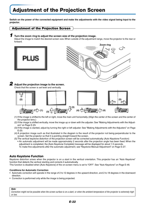 Page 23E-22
Adjustment of the Projection Screen
Switch on the power of the connected equipment and make the adjustments with the video signal being input to the
projector.
2Adjust the projection image to the screen.
Check that the screen is set level and vertically.
Adjustment of the Projection Screen
Turn the zoom ring to adjust the screen size of the projection image.Adjust the image to match the desired screen size. When outside of the adjustment range, move the projector to the rear or
forward.
STANDBY...