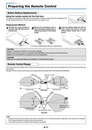 Page 12E-11
Using the remote control for the first time
The battery compartment is fitted with a transportation insulation sheet at the time of shipping. Pull
out the sheet and remove it. The remote control is now ready for use.
Replacement Method
1(A) With the knob pressed to
the right side, (B) draw out the
battery case.2Remove the old battery and in-
stall a new button battery with (+)
side facing upward in the battery
holder.3Insert the battery holder into the re-
mote control and push in until the
battery...