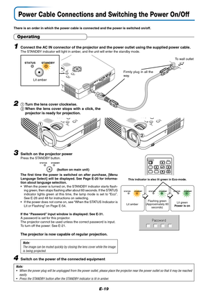 Page 20E-19
Power Cable Connections and Switching the Power On/Off
There is an order in which the power cable is connected and the power is switched on/off.
Note:
•When the power plug will be unplugged from the power outlet, please place the projector near the power outlet so that it may be reached
easily.
•Press the STANDBY button after the STANDBY indicator is lit in amber.
STANDBY
STATUS
MENU
AUDIO MOUSERGBS-VIDEOVIDEO
SOURCEAUTO
DCMFirmly plug in all the
way.
To wall outlet
Operating
3Switch on the...