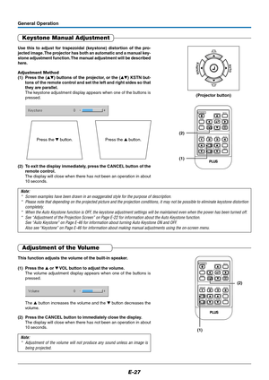 Page 28E-27
Keystone Manual Adjustment
Use this to adjust for trapezoidal (keystone) distortion of the pro-
jected image. The projector has both an automatic and a manual key-
stone adjustment function. The manual adjustment will be described
here.
Adjustment Method
(1) Press the () buttons of the projector, or the () KSTN but-
tons of the remote control and set the left and right sides so that
they are parallel.
The keystone adjustment display appears when one of the buttons is
pressed.
General Operation...