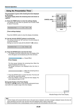 Page 30E-29
General Operation
Using the Presentation Timer
Note:
* The timer display will be closed while the menu or the quick menu is displayed, and while a message is displayed; however, the timer will
still be operating at such times. Also, the timer will not be displayed unless a signal is being input.
* While the presentation timer is being displayed, screen movement will not be possible in the zoom mode.
[Timer settings display] The presentation is given while checking the timer displayed
on the screen....