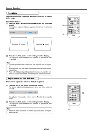 Page 30E-30
Keystone
Use this to adjust for trapezoidal (keystone) distortion of the pro-
jected image.
Adjustment Method
(1) Press the  or  KSTN button to make the left and right sides
parallel.
The keystone adjustment display appears when one of the buttons is
pressed.
Press the “” button. Press the “” button.
(2) Press the CANCEL button to immediately close the display.
The display will close when there has not been an operation in about
10 seconds.
Note:
* Keystone adjustment values can be saved. See...