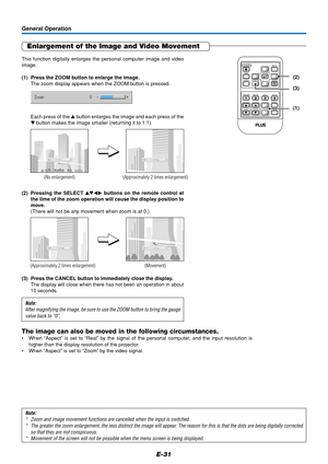 Page 31E-31
General Operation
Enlargement of the Image and Video Movement
This function digitally enlarges the personal computer image and video
image.
(1) Press the ZOOM button to enlarge the image.
The zoom display appears when the ZOOM button is pressed.
Each press of the  button enlarges the image and each press of the
 button makes the image smaller (returning it to 1:1).
(No enlargement) (Approximately 2 times enlargement)
The image can also be moved in the following circumstances.
•When “Aspect” is set...