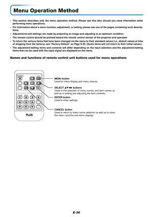 Page 36E-36
Menu Operation Method
•This section describes only the menu operation method. Please see this item should you need information while
performing menu operations.
•For information about a menu function, adjustment, or setting, please see one of the pages containing such descrip-
tions.
•Adjustments and settings are made by projecting an image and adjusting to an optimum condition.
•The remote control should be pointed toward the remote control sensor of the projector and operated.
•To return the...