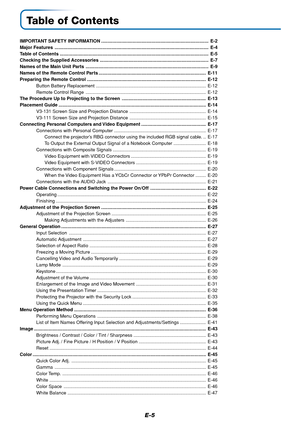 Page 5E-5
Table of Contents
IMPORTANT SAFETY INFORMATION ................................................................................... E-2
Major Features ....................................................................................................................... E-4
Table of Contents ................................................................................................................... E-5
Checking the Supplied Accessories...