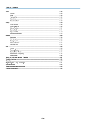 Page 6E-6
Table of Contents
View ....................................................................................................................................... E-48
Aspect ....................................................................................................................... E-48
Filter .......................................................................................................................... E-48
Vertical Flip...