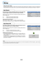 Page 50E-50
Setup
•Select menu name “Setup”.
See “Menu Operation Method” on Page E-36 for information about performing menu operations. The item name display will
differ depending on the input signal. See “List of Item Names Offering Input Selection and Adjustments/Settings” on Page E-41.
The Auto Source function automatically detects the input signal when
the power supply is switched on and when the input is switched.
Select the item name “Auto Source” and select the setting contents with the
SELECT ...