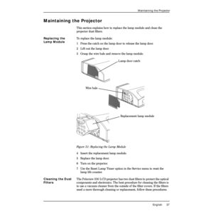 Page 41English 37
Maintaining the Projector
Maintaining the Projector
This section explains how to replace the lamp module and clean the 
projector dust Þlters.
Replacing the 
Lamp ModuleTo replace the lamp module:
1  Press the catch on the lamp door to release the lamp door.
2 Lift out the lamp door.
3 Grasp the wire bale and remove the lamp module.
Figure 31: Replacing the Lamp Module
4 Insert the replacement lamp module.
5 Replace the lamp door.
6 Turn on the projector.
7 Use the Reset Lamp Timer option in...