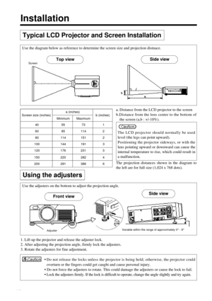 Page 1212InstallationTypical LCD Projector and Screen InstallationUsing the adjustersa.Distance from the LCD projector to the screen
b.Distance from the lens center to the bottom of
the screen (a,b : +/-10%).
The projection distances shown in the diagram to
the left are for full size (1,024 x 768 dots).The LCD projector should normally be used
level (the legs can point upward).
Positioning the projector sideways, or with the
lens pointing upward or downward can cause the
internal temperature to rise, which...