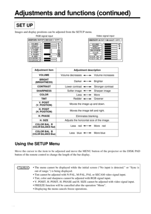 Page 1818Adjustments and functions (continu e d )
RGB signal inputVideo signal input•The menu cannot be displayed while the initial screen (“No input is detected.” or “Sync is
out of range.”) is being displayed.
• Tint cannot be adjusted with N-PAL, M-PAL, PAL or SECAM video signal input.
• Tint, color and sharpness cannot be adjusted with RGB signal input.
• V. POSIT, H. POSIT, H. PHASE and H. SIZE cannot be adjusted with video signal input.
• FREEZE function will be cancelled after the operation “Menu”.
•...