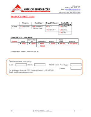 Page 6557 Long Road 
Pittsburgh, PA  15235, USA 
Email: 
sales@americansensors.com 
www.americansensors.com 
Tel: 412-242-5903   fax: 412-242-5908
 
2014  IS-3000-LS-ABB  Infrared Scanner   6   
 
PRODUCT SELECTION: 
   
  Version  Electrical  Input Voltage Available 
Analog Output
 
IS-3000 -  
 LS Loop Scanner    ABB compatible LS 
    ABB Pulse Output  
 DC: 24 V      4.20 (4-20 mA) 
       
 AC: 100 to 240 V     0.20 (0-20 mA)  
      
 
 0.10 (0-10V)  
 
OPTIONS & ACCESSORIES: 
 Options Stand...