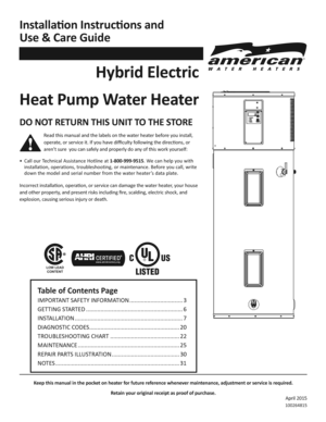 Page 1      
April 2015
  
             100264815 
Hybrid Electric 
Heat Pump Water Heater
Installa 