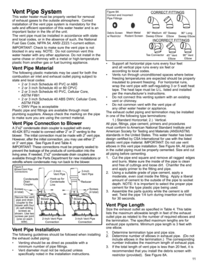 Page 1111
Vent Pipe System
This water heater must be properly vented for removal 
of exhaust gases to the outside atmosphere.  Correct 
installation of the vent pipe system is mandatory for the 
safe and efficient operation of this water heater and is an 
important factor in the life of the unit.
The vent pipe must be installed in accordance with state 
and local codes, or in the absence of such, the National 
Fuel Gas Code, NFPA 54, ANSI Z223.1-current edition.   
IMPORTANT: Check to make sure the vent pipe is...