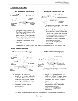Page 1414  Page
Installation
Installation Manual
3 inch vent installation
1.	 Connect	a	3"	 elbow	 directly	 on	the
   intake vent collar of the water heater 
2.	 Connect	a	3"	coupling directly on the
    exhaust vent collar of the water heater 
   Make sure the couplings engage 
   the o-rings installed in the intake 
   and exhaust vent collars
3.	 Connect	 a	3"	 straight	 pipe	to
      the coupling
Exhaust vent collar (Female)
3" straight pipe
3" coupling(included)
Intake vent...